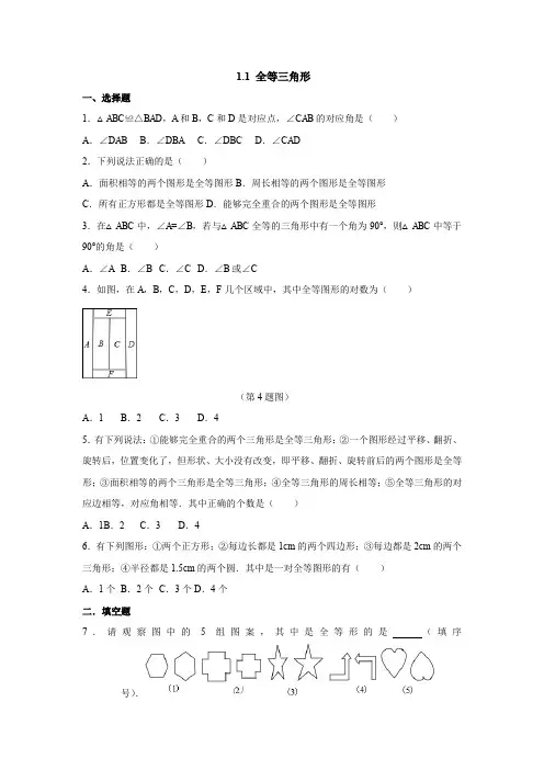 青岛版八年级数学上册同步练习附答案1.1 全等三角形