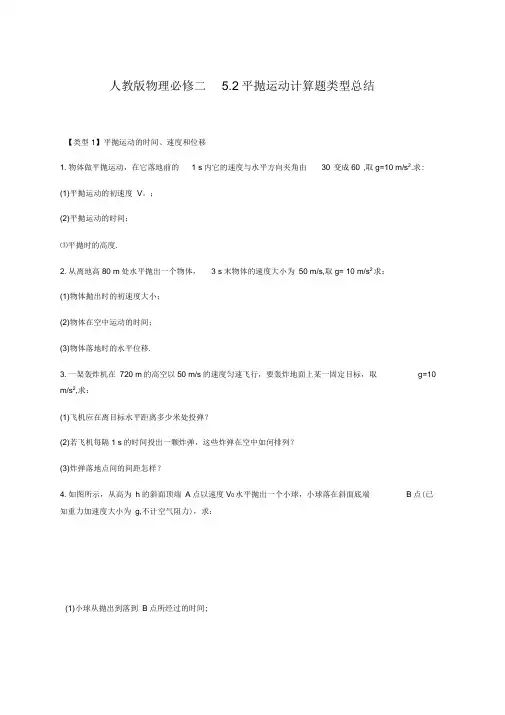 人教版物理必修二：平抛运动计算题类型总结(含答案)