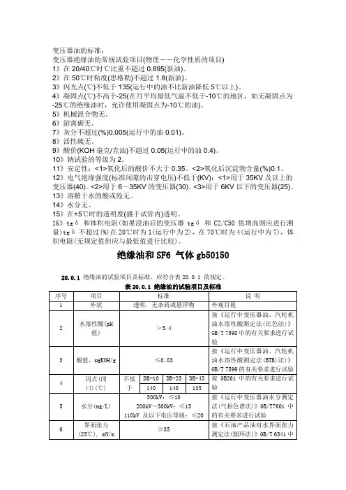 变压器油的标准