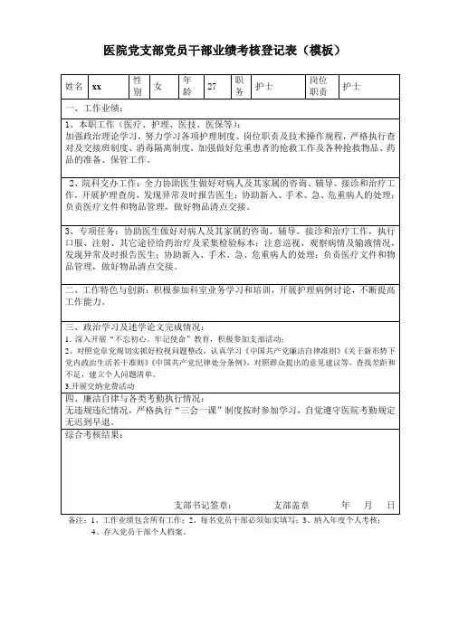 党支部党员干部业绩考核登记表(填写模板)