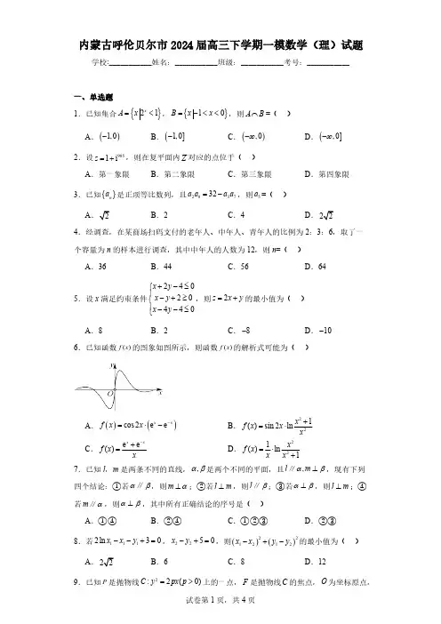内蒙古呼伦贝尔市2024届高三下学期一模数学(理)试题(含解析)