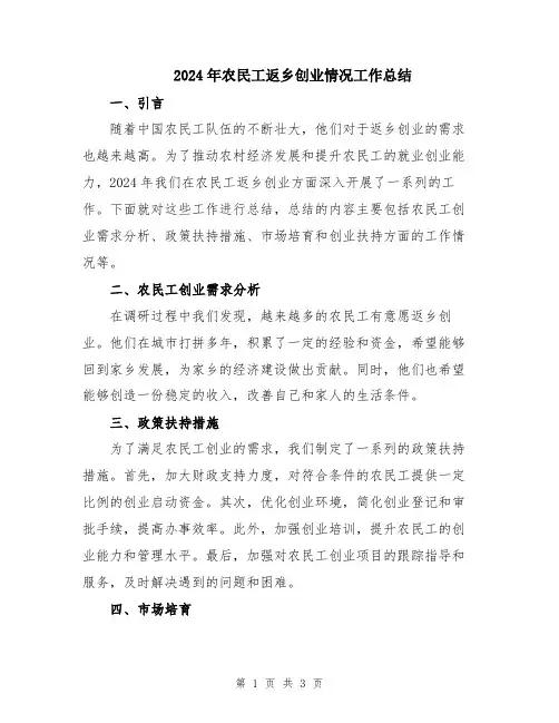 2024年农民工返乡创业情况工作总结