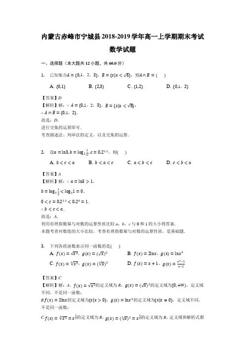 内蒙古赤峰市宁城县2018-2019学年高一上学期期末考试数学试题(解析版)