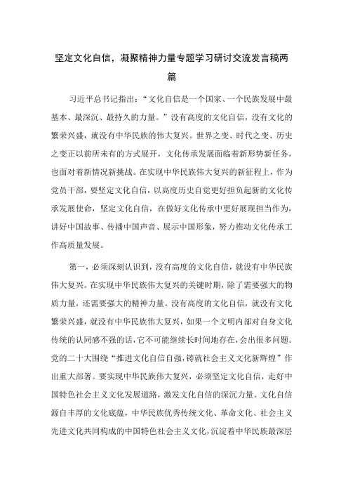 坚定文化自信,凝聚精神力量专题学习研讨交流发言稿两篇