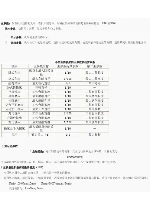 机床的主要技术参数（主参数和基本参数）