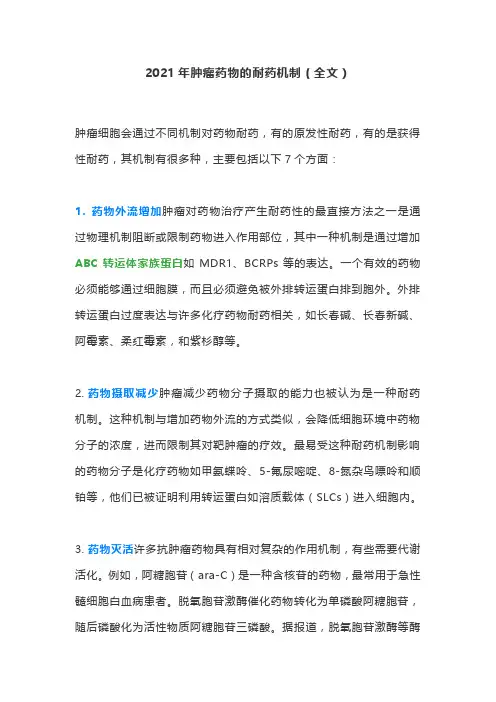 2021年肿瘤药物的耐药机制(全文)