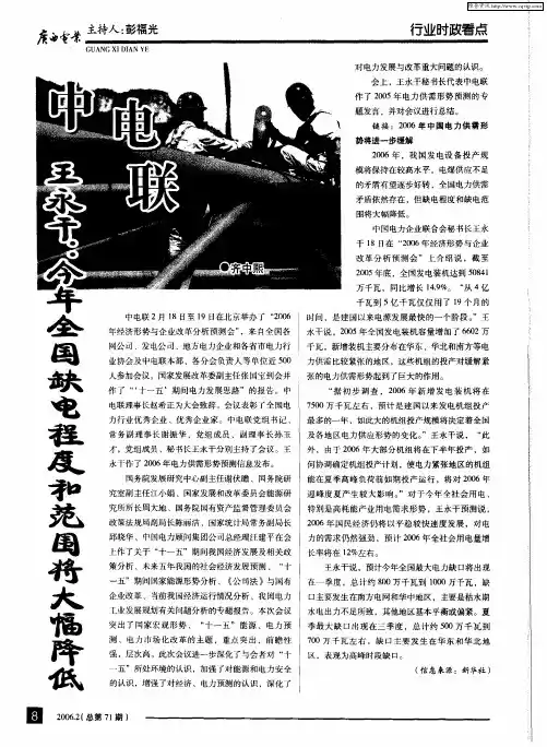 中电联王永干预测：今年全国缺电程度和范围将大幅降低