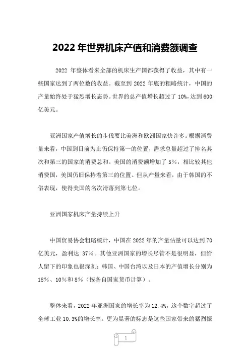 2022年世界机床产值和消费额调查