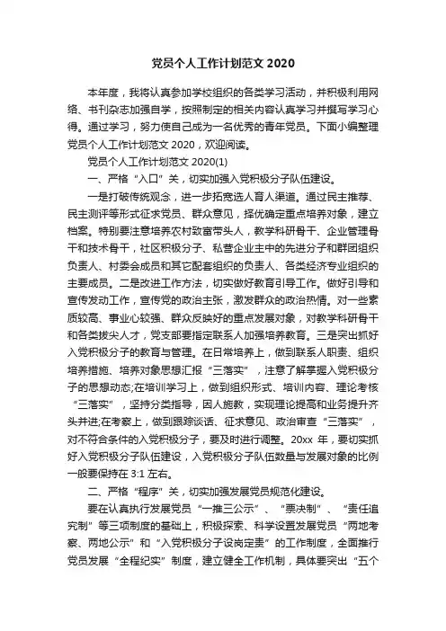 党员个人工作计划范文2020