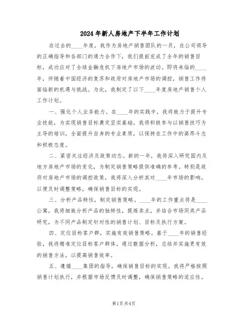 2024年新人房地产下半年工作计划（二篇）