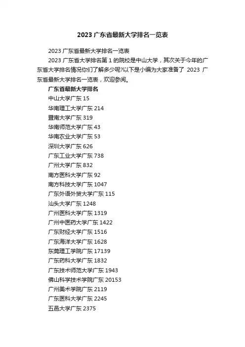 2023广东省最新大学排名一览表