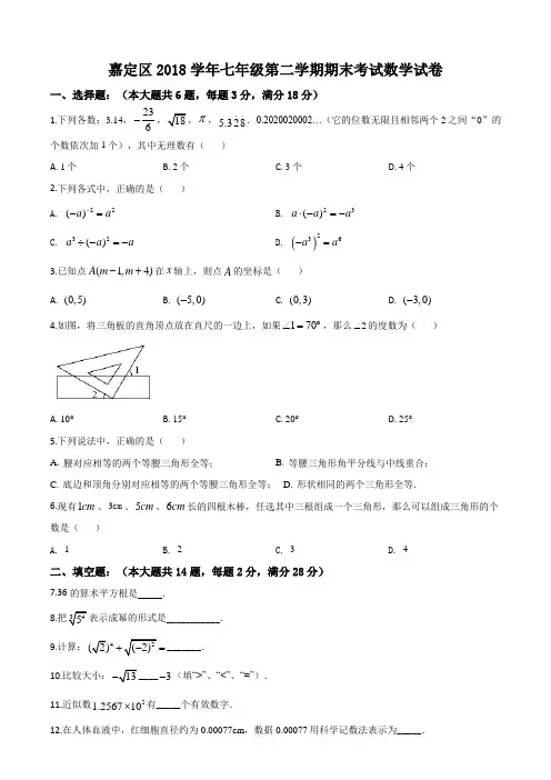 上海市嘉定区2018-2019学年七年级下学期期末数学试题(解析版)