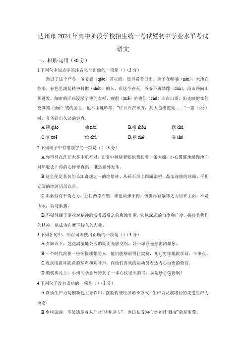 2024年四川省达州市中考语文试卷(含答案与解析)