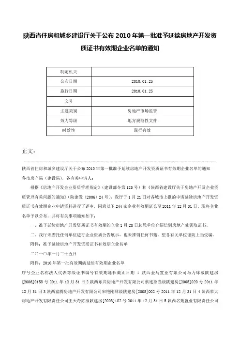 陕西省住房和城乡建设厅关于公布2010年第一批准予延续房地产开发资质证书有效期企业名单的通知-