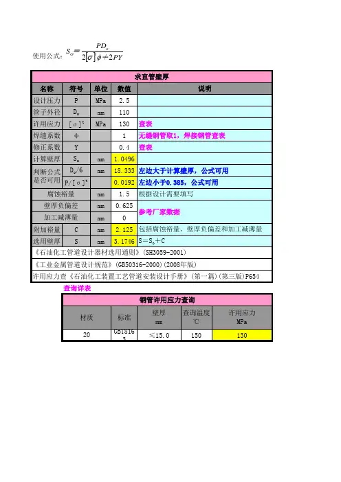 内部管道壁厚计算表(根据规范编制)