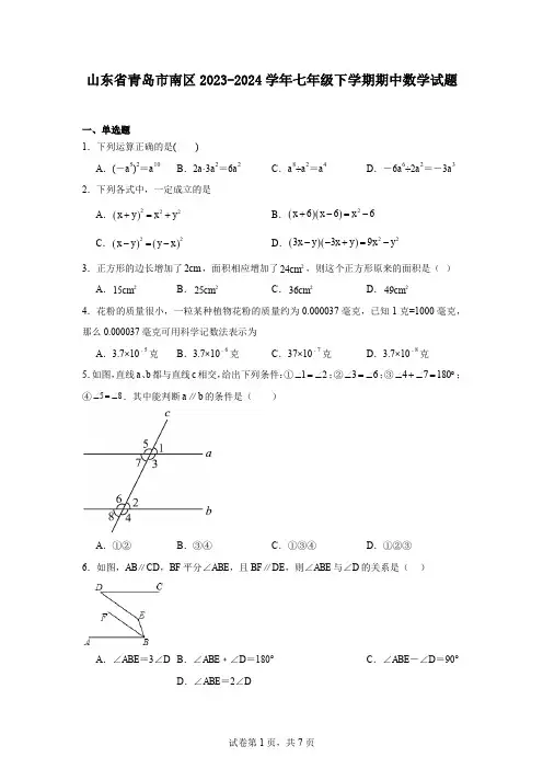 山东省青岛市南区2023-2024学年七年级下学期期中数学试题