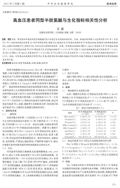 高血压患者同型半胱氨酸与生化指标相关性分析