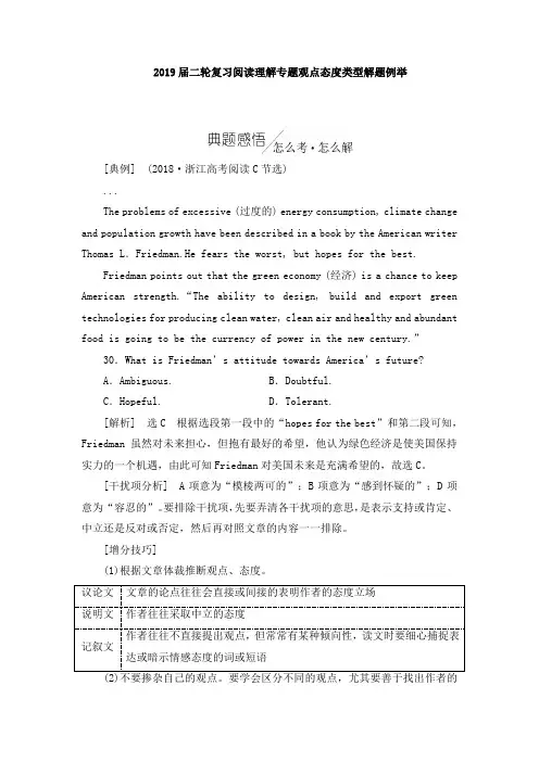 2019届高考英语二轮复习阅读理解专题观点态度类型解题例举(9页,word版)