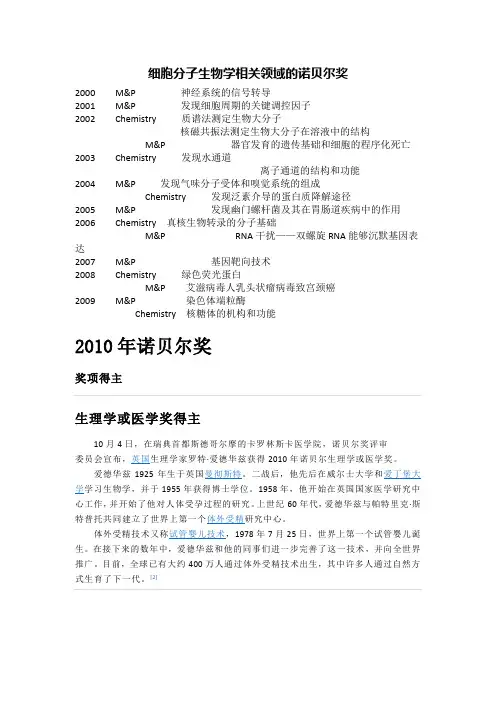 诺贝尔奖-细胞分子生物学相关领域的