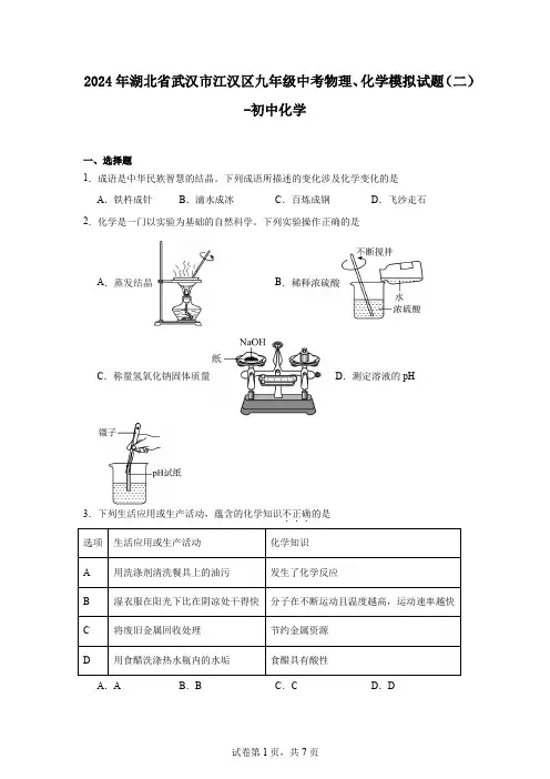 2024年湖北省武汉市江汉区九年级中考物理、化学模拟试题(二) -初中化学