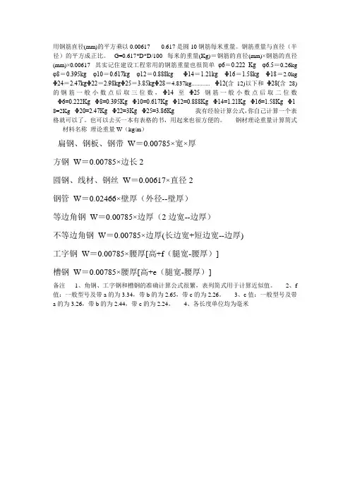 钢筋每米重量计算公式