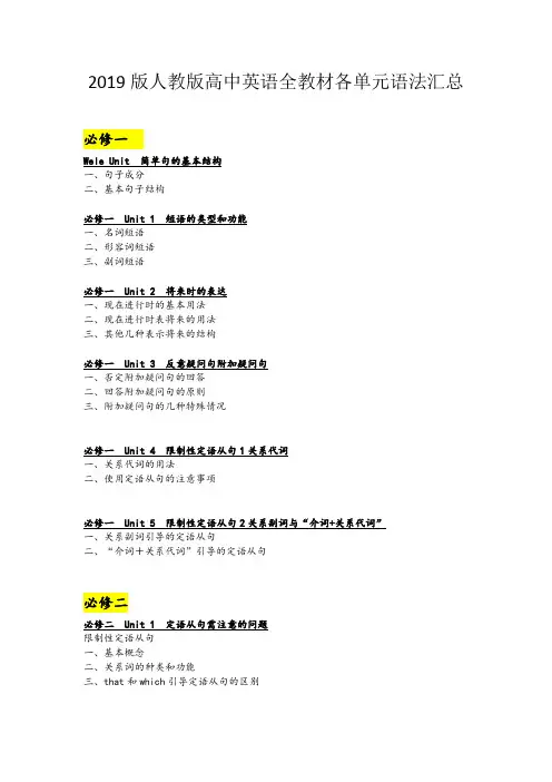 高中英语人教版全七册教材各单元语法整理清单