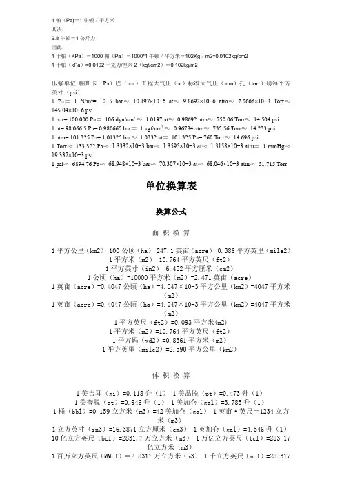 单位换算表