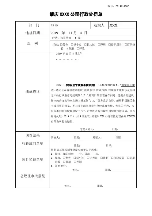 行政处罚单