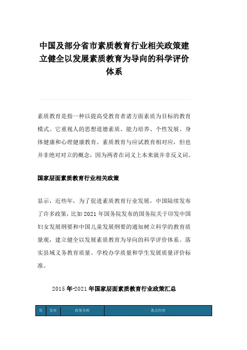 中国及部分省市素质教育行业相关政策建立健全以发展素质教育为导向的科学评价体系