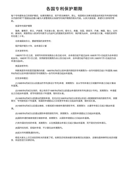 各国专利保护期限
