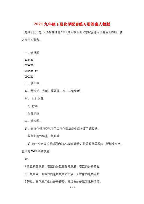 2021九年级下册化学配套练习册答案人教版