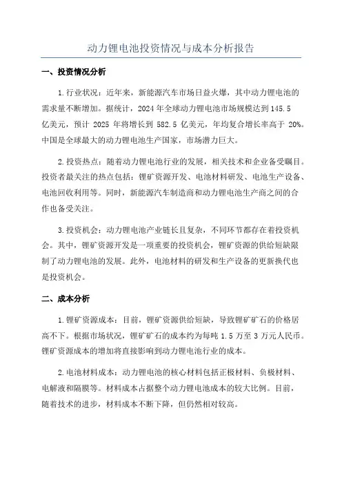 动力锂电池投资情况与成本分析报告