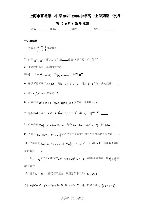 上海市曹杨第二中学2023-2024学年高一上学期第一次月考(10月)数学试题