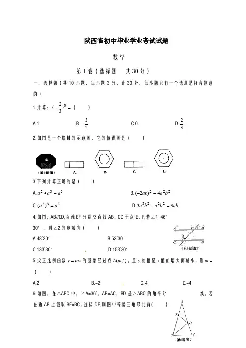 2020-2021学年陕西省中考仿真模拟数学试题及答案解析