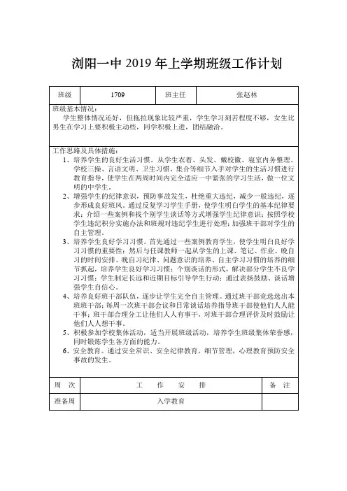 浏阳一中2019年上学期班级工作计划