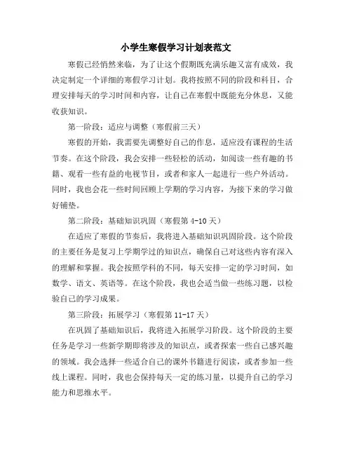 小学生寒假学习计划表范文