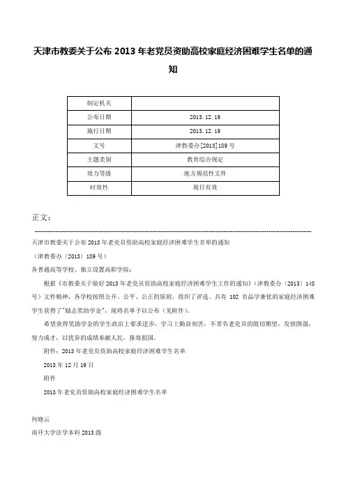 天津市教委关于公布2013年老党员资助高校家庭经济困难学生名单的通知-津教委办[2013]189号
