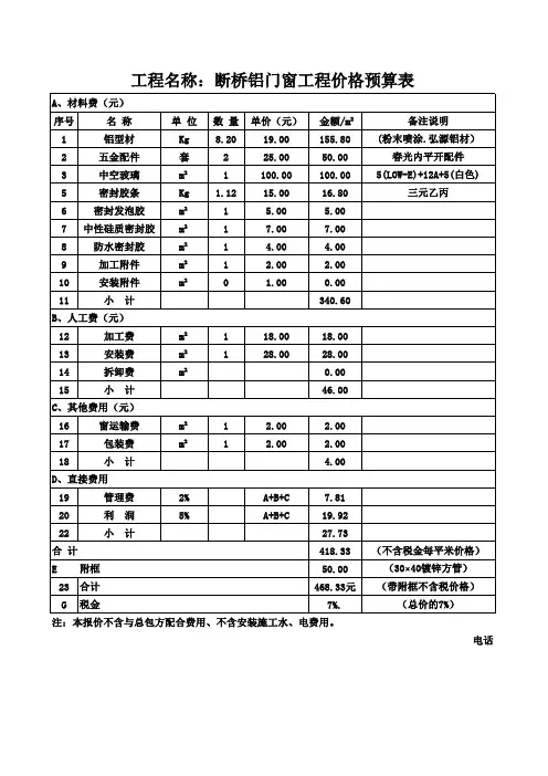 断桥铝门窗工程价格预算表--