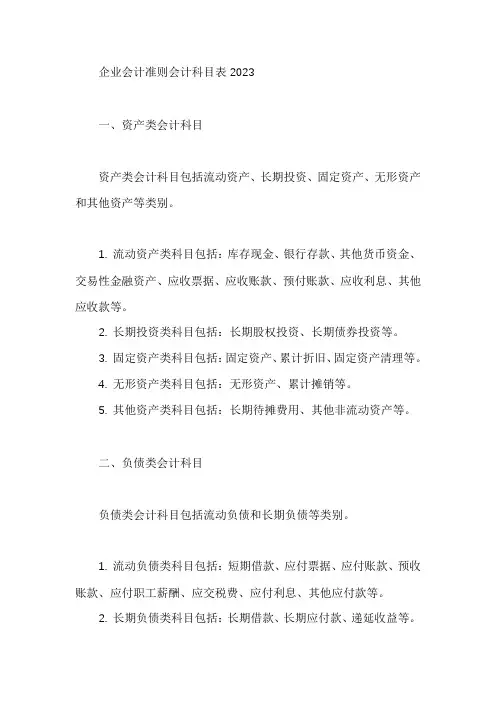 企业会计准则会计科目表2023