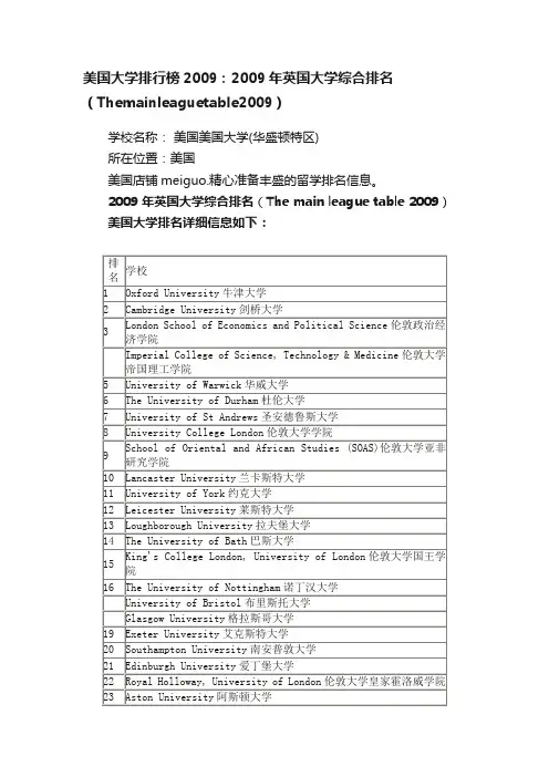 美国大学排行榜2009：2009年英国大学综合排名（Themainleaguetable2009）