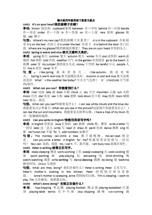 湘少版四年级英语下册复习重点
