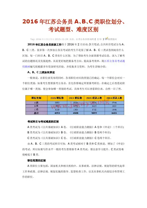 2016年江苏公务员A、B、C类职位划分、考试题型、难度区别