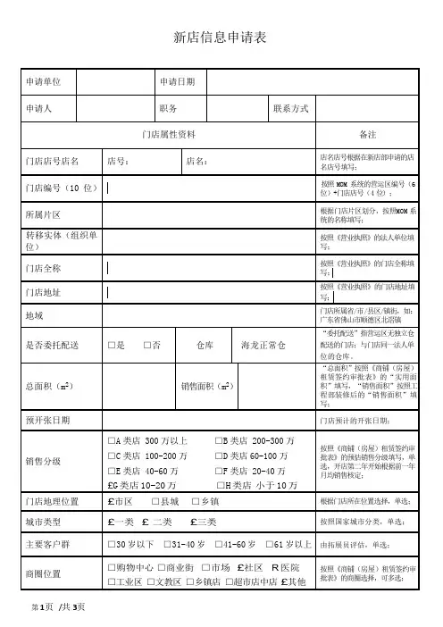 新店信息申请表(药店模板)