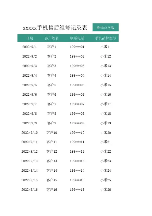 手机售后维修记录表