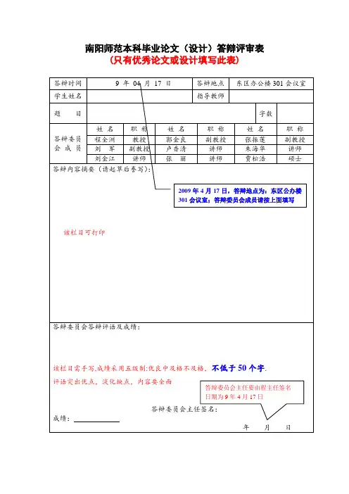 毕业论文答辩评审表模板