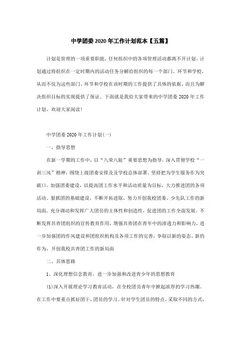 中学团委2020年工作计划范本【五篇】