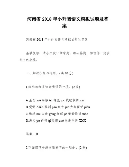 河南省2018年小升初语文模拟试题及答案