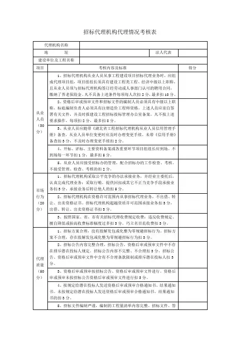 招标代理机构代理情况考核表