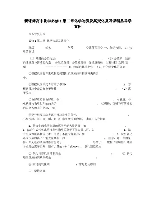 新课标高中化学必修1第二章化学物质及其变化复习课精品导学案附