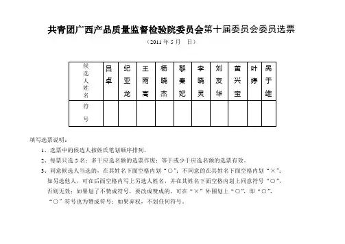 XX公司团支部第一届委员会委员选票(样本)1